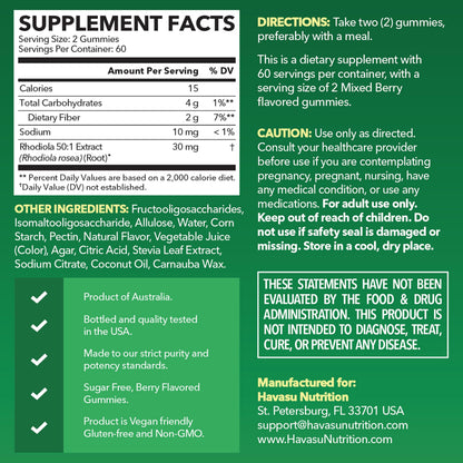 Rhodiola Rosea Gummies, Sugar Free Rhodiola Supplement, 30 Servings | Herbal Adaptogen for Mental Clarity and Performance, 60 Count, Vegan and Gluten-Free, Mixed Berry Flavor, 1-Month Supply Gsupps Australia