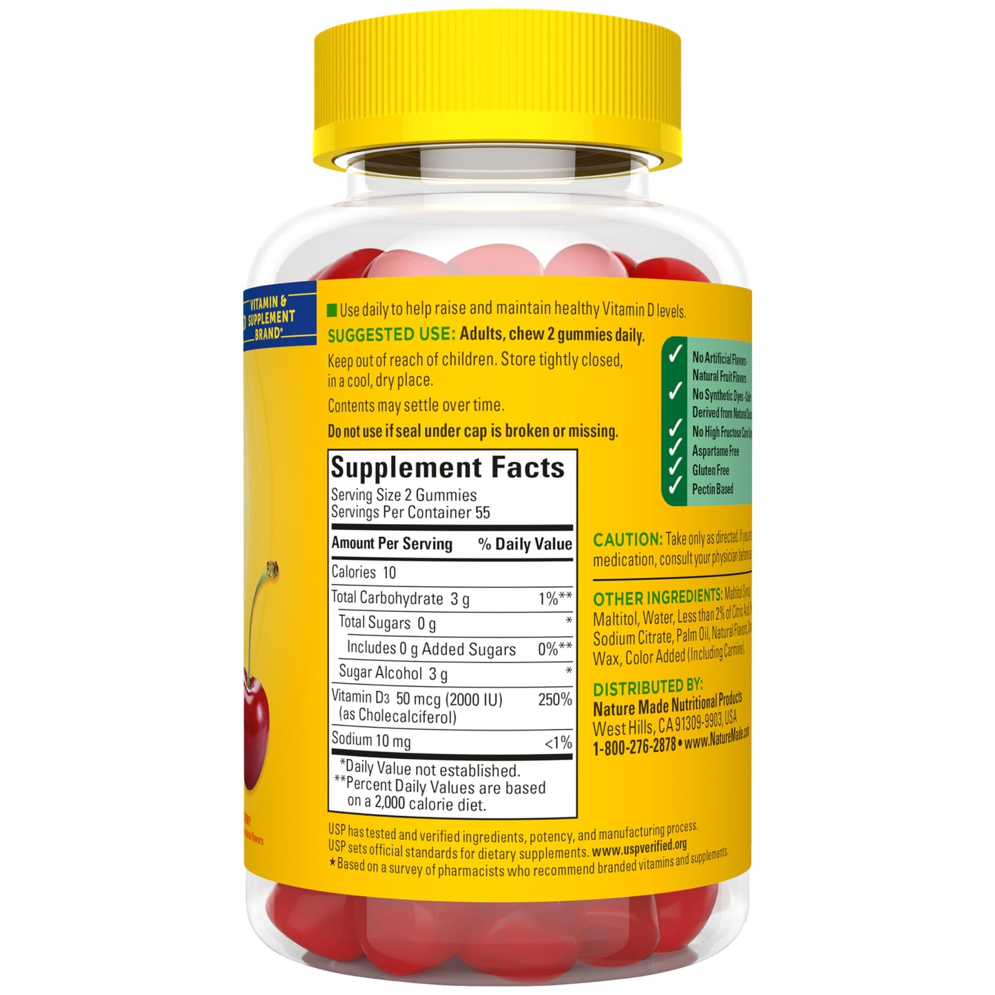 Nature Made Zero Sugar Vitamin D3 Gummies 2000 IU (50 mcg) Per Serving, Bone & Immune Support, Aspartame Free Nature Made