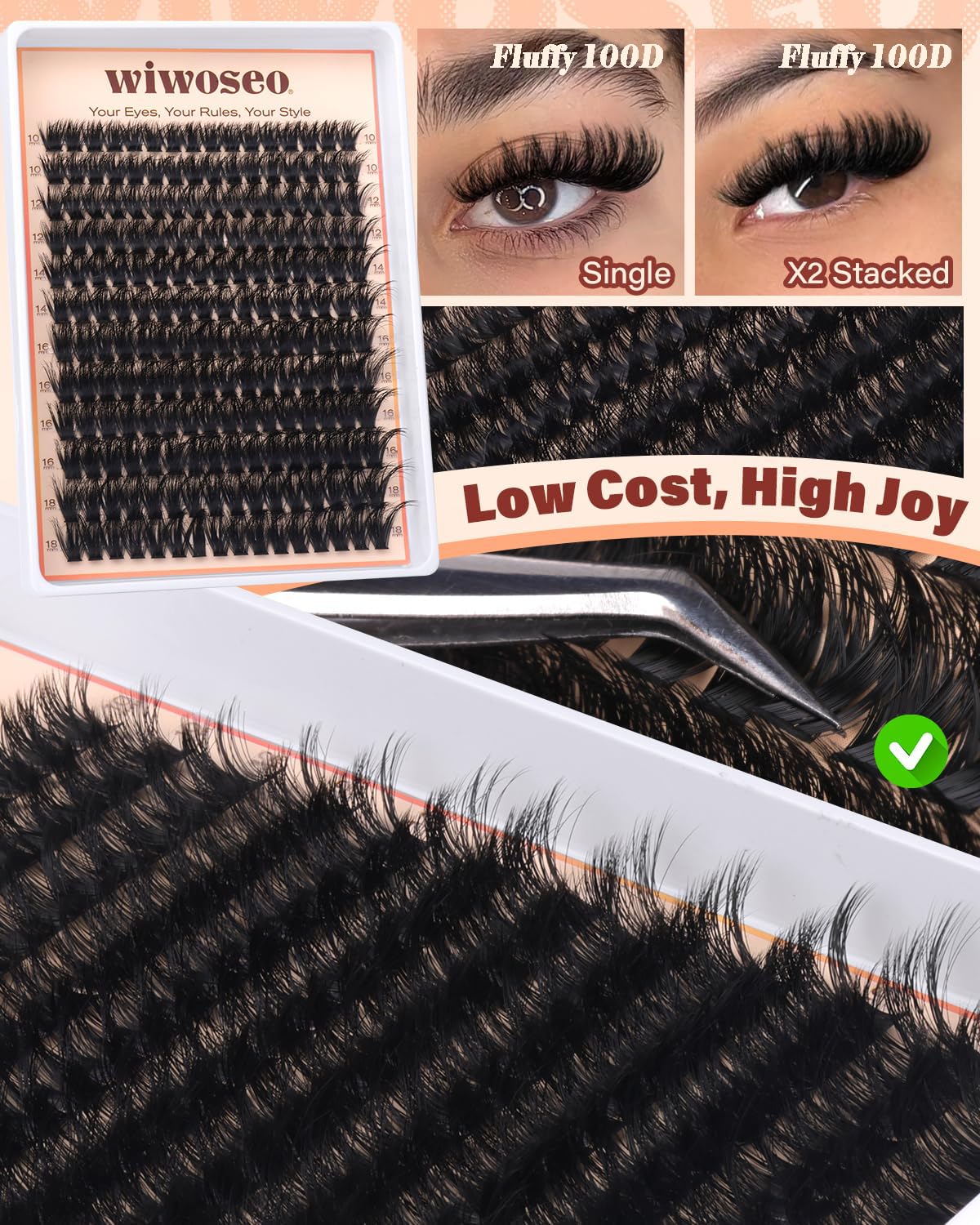 Lash Clusters Kit Fluffy 100D Thick Eyelash Clusters 10-18MM 192pcs D Curl wiwoseo