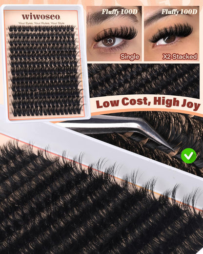 Lash Clusters Kit Fluffy 100D Thick Eyelash Clusters 10-18MM 192pcs D Curl wiwoseo