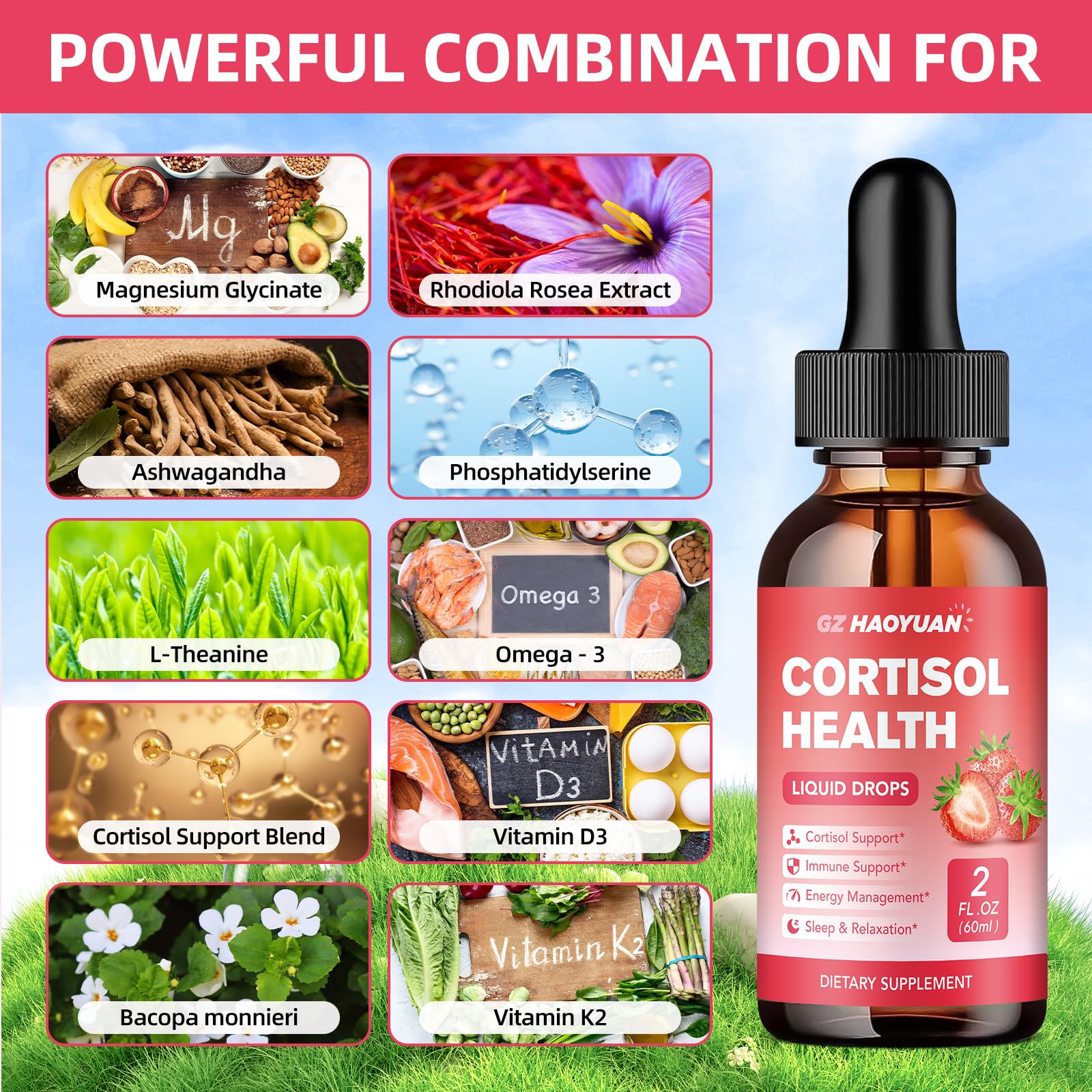 GZ HAOYUAN Cortisol Supplement Liquid Drops for Women and Men with Magnesium, Ashwagandha, L-theanine, Phosphatidylserine for Lower Cortisol, Calm, Mood, Sleep Support - 2 FL.OZ, Strawberry GZ HAOYUAN buy australia supplements