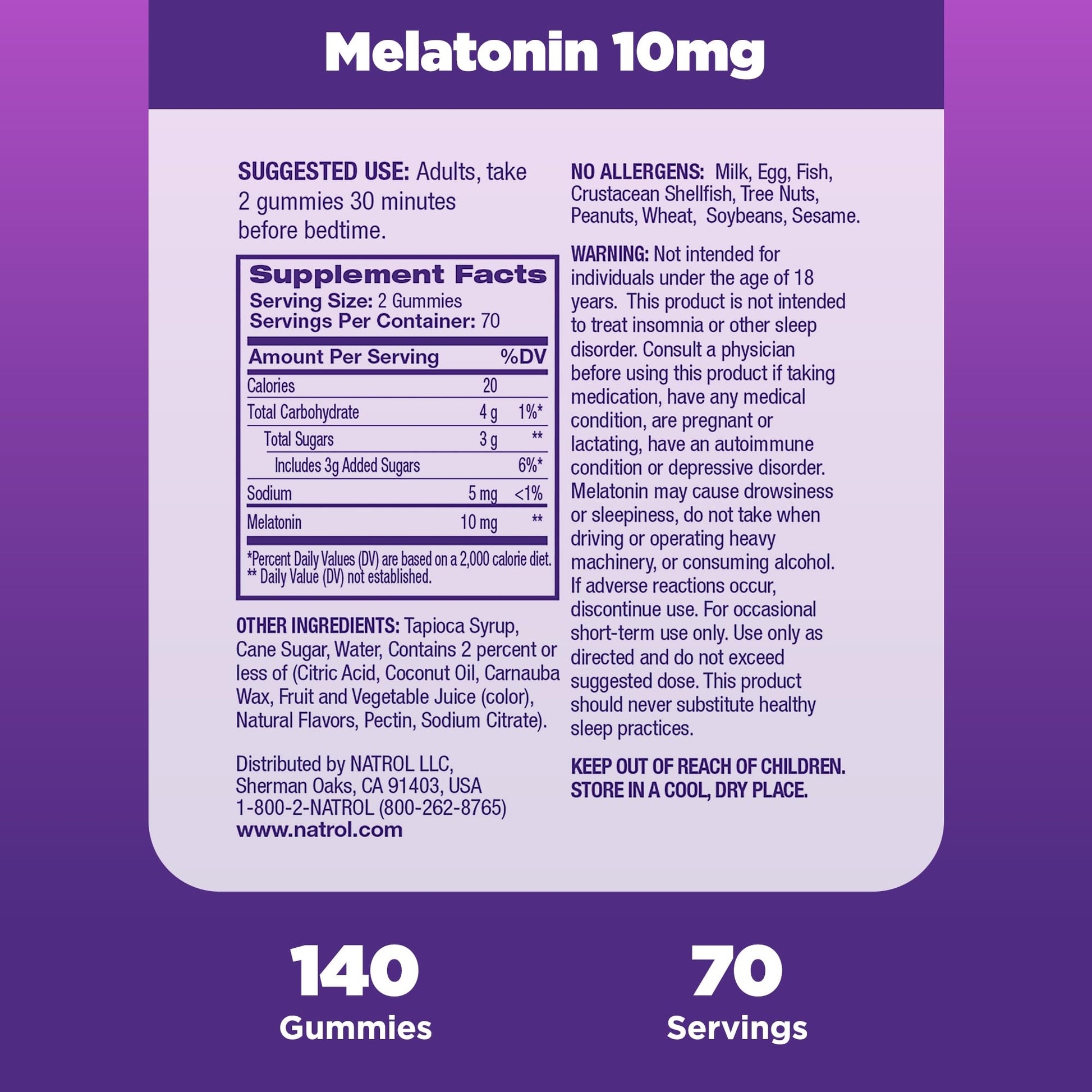 Natrol Melatonin 10 mg Gummies, Sleep Support for Adults, 140 Gummies | Supplement to Fall Asleep Faster & Stay Asleep Longer, Wake Up Refreshed, 100% Drug-Free, Strawberry-flavored, 70 Day Supply Gsupps Australia