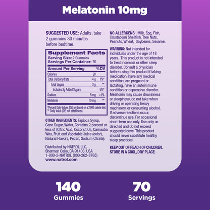 Natrol Melatonin 10 mg Gummies, Sleep Support for Adults, 140 Gummies | Supplement to Fall Asleep Faster & Stay Asleep Longer, Wake Up Refreshed, 100% Drug-Free, Strawberry-flavored, 70 Day Supply Gsupps Australia