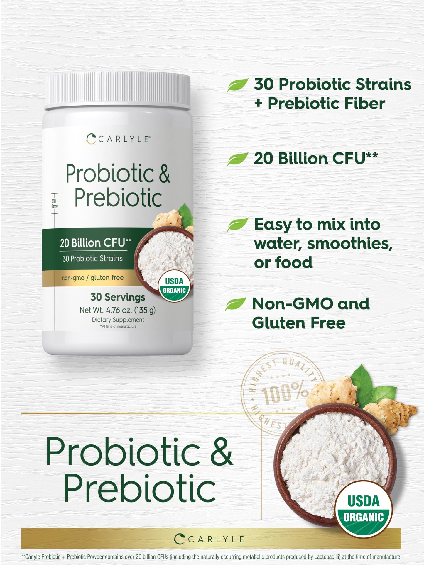 Carlyle Probiotic and Prebiotic Powder | 20 Billion CFU | 4.76 oz | Organic Fiber Blend | for Women and Men | Vegetarian, Non-GMO, Carlyle