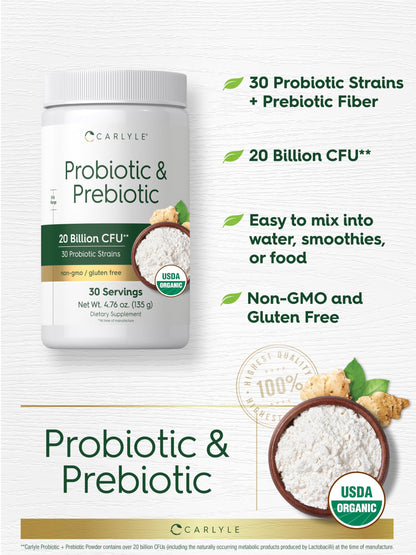 Carlyle Probiotic and Prebiotic Powder | 20 Billion CFU | 4.76 oz | Organic Fiber Blend | for Women and Men | Vegetarian, Non-GMO, Carlyle