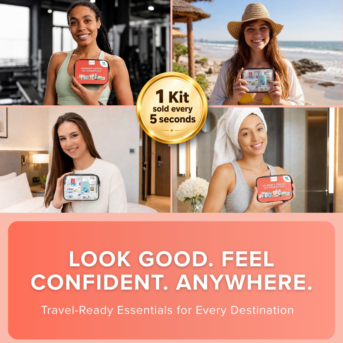 15-Piece Women’s Travel Toiletry Kit – With Premium Brand-Name Toiletries TREKTOTE