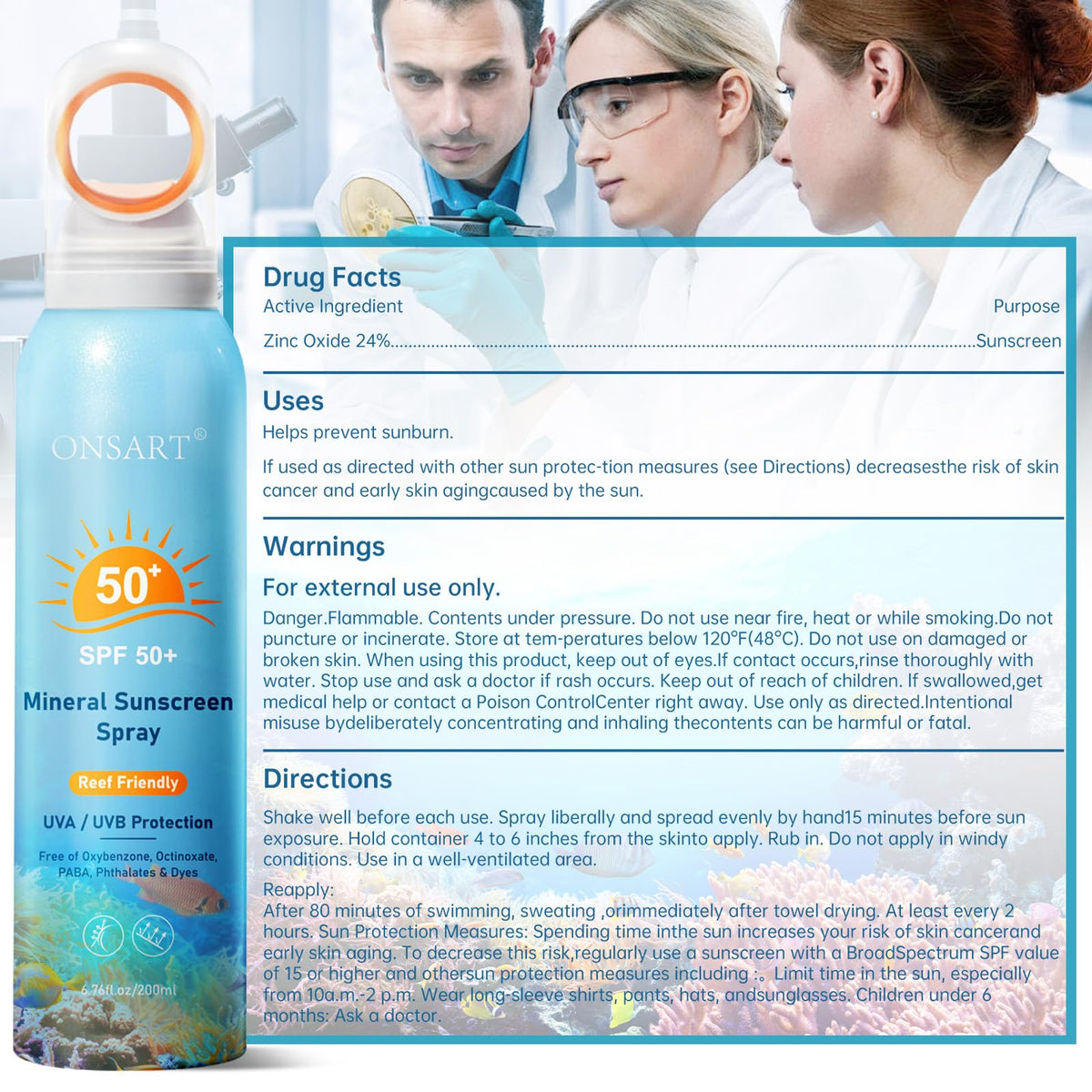 Reef Safe Sunscreen Spray SPF 50, Zinc Oxide Mineral Sunscreen Spray, Broad Spectrum UVA/UVB Protection, 360° Spray, Lightweight & Water Resistant, 6.76oz/200ml ONSART