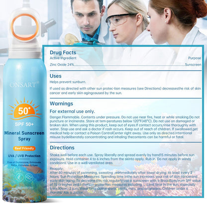 Reef Safe Sunscreen Spray SPF 50, Zinc Oxide Mineral Sunscreen Spray, Broad Spectrum UVA/UVB Protection, 360° Spray, Lightweight & Water Resistant, 6.76oz/200ml ONSART