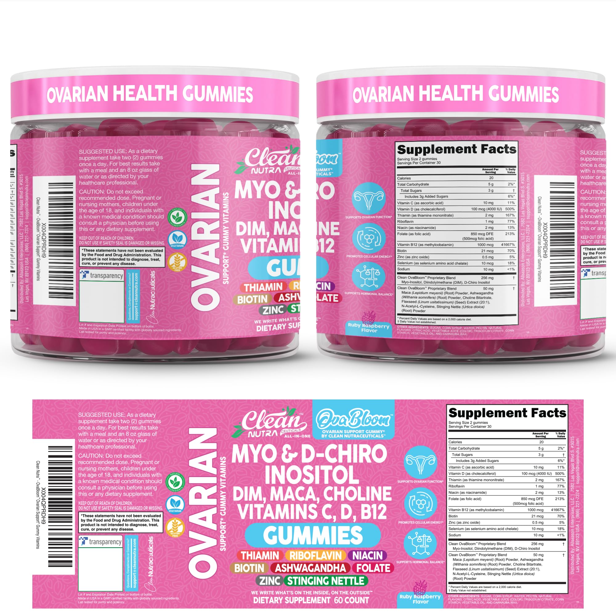 OVA Bloom Ovarian Support Gummies Myo Inositol D-Chiro Inositol Choline Flax Biotin Riboflavin Thiamin Niacin Ashwagandha DIM Maca Root Vitamin C D3 B12 Zinc 60 Count By Clean Nutra Clean Nutraceuticals buy australia supplements