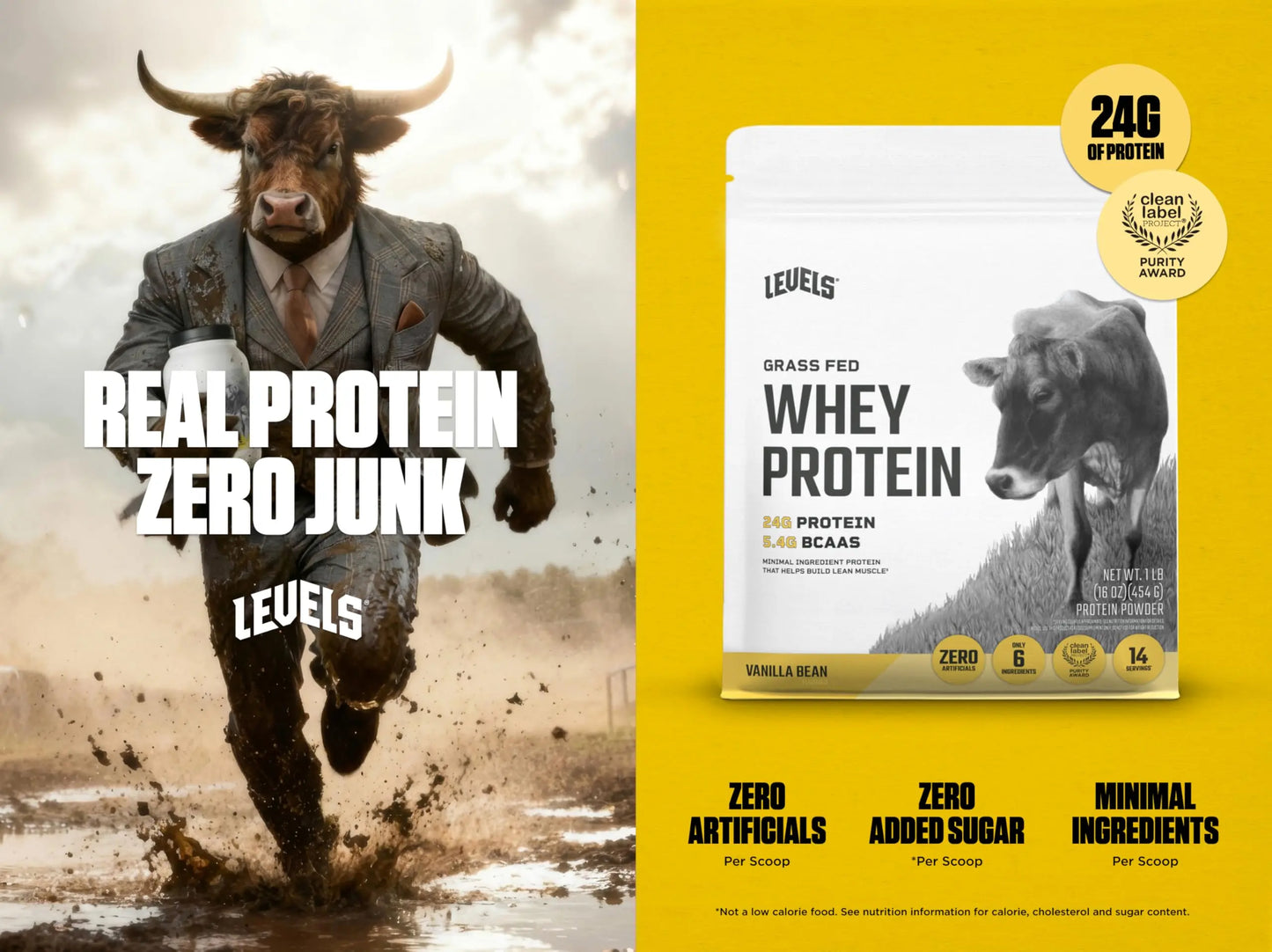 Levels Grass Fed Whey Protein Powder, No Artificials, 24G of Protein, Vanilla Bean, 1LB Levels Nutrition