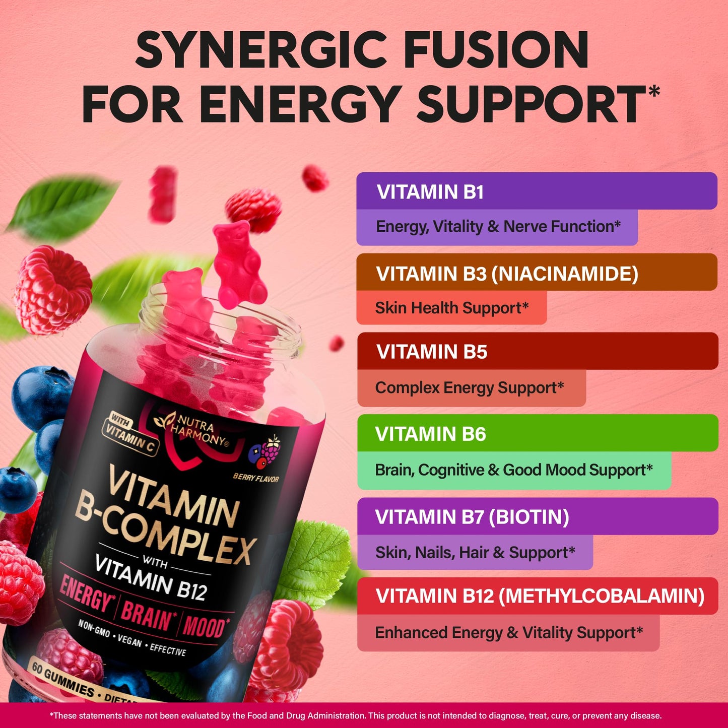 Vitamin B-Complex Gummies for Women & Men - Vitamin B12, B1, B2, B3, B5, B6, B7 & B9 - B Complex with Vitamin C & Choline - Energy, Brain & Mood NUTRAHARMONY