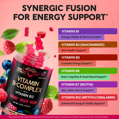 Vitamin B-Complex Gummies for Women & Men - Vitamin B12, B1, B2, B3, B5, B6, B7 & B9 - B Complex with Vitamin C & Choline - Energy, Brain & Mood NUTRAHARMONY