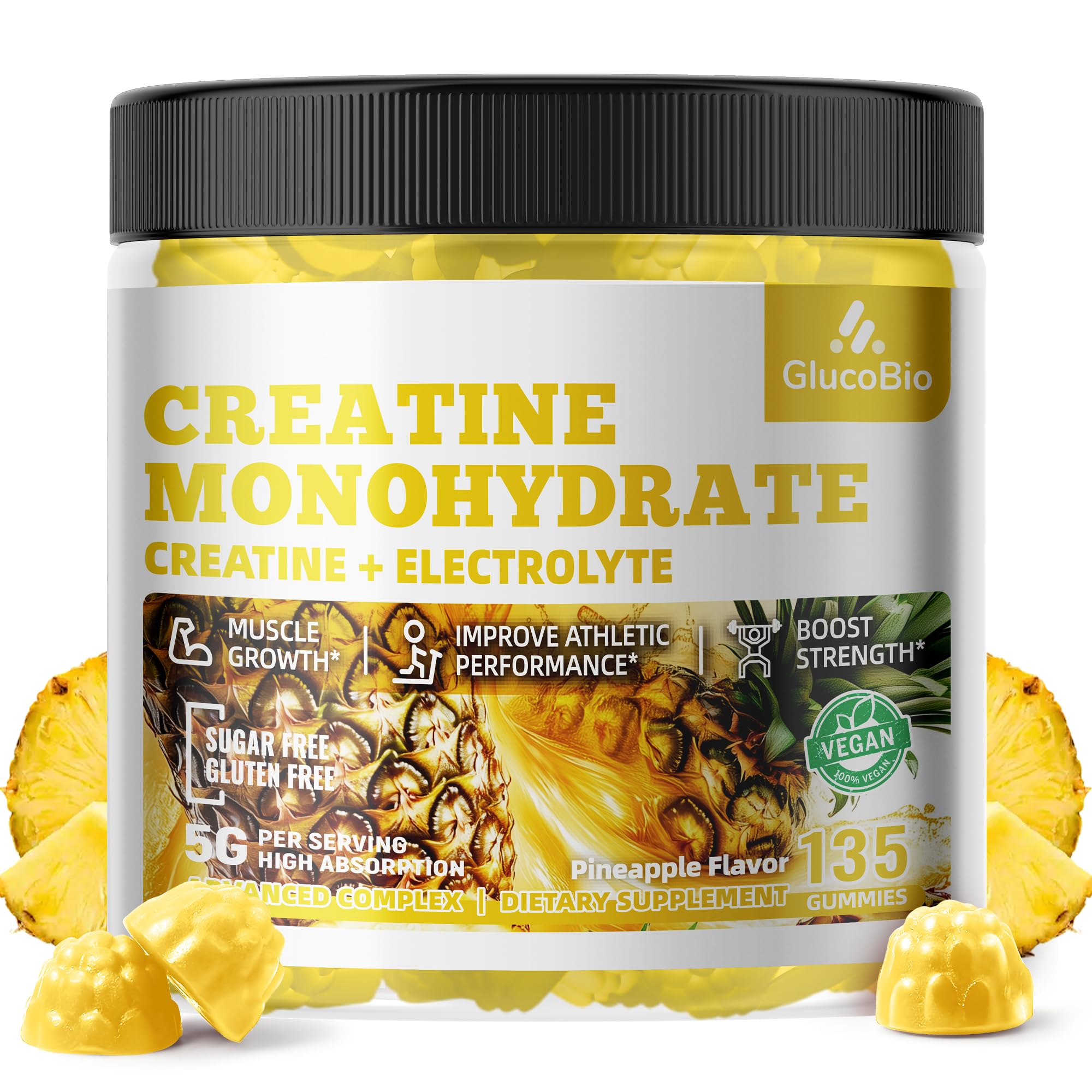 GlucoBio Creatine Monohydrate Gummies (5g) – Pre-Workout Energy & Muscle Growth Support for Men & Women | Pineapple Electrolyte Gummies (135 Count) GlucoBio buy australia supplements