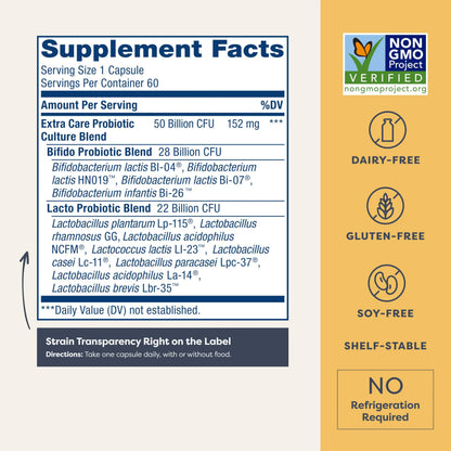 Renew Life Extra Care Digestive Probiotic Capsules, 50 Billion CFU Guaranteed, Daily Supplement Supports Immune, Digestive, Respiratory Health(1), L. Rhamnosus GG Renew Life