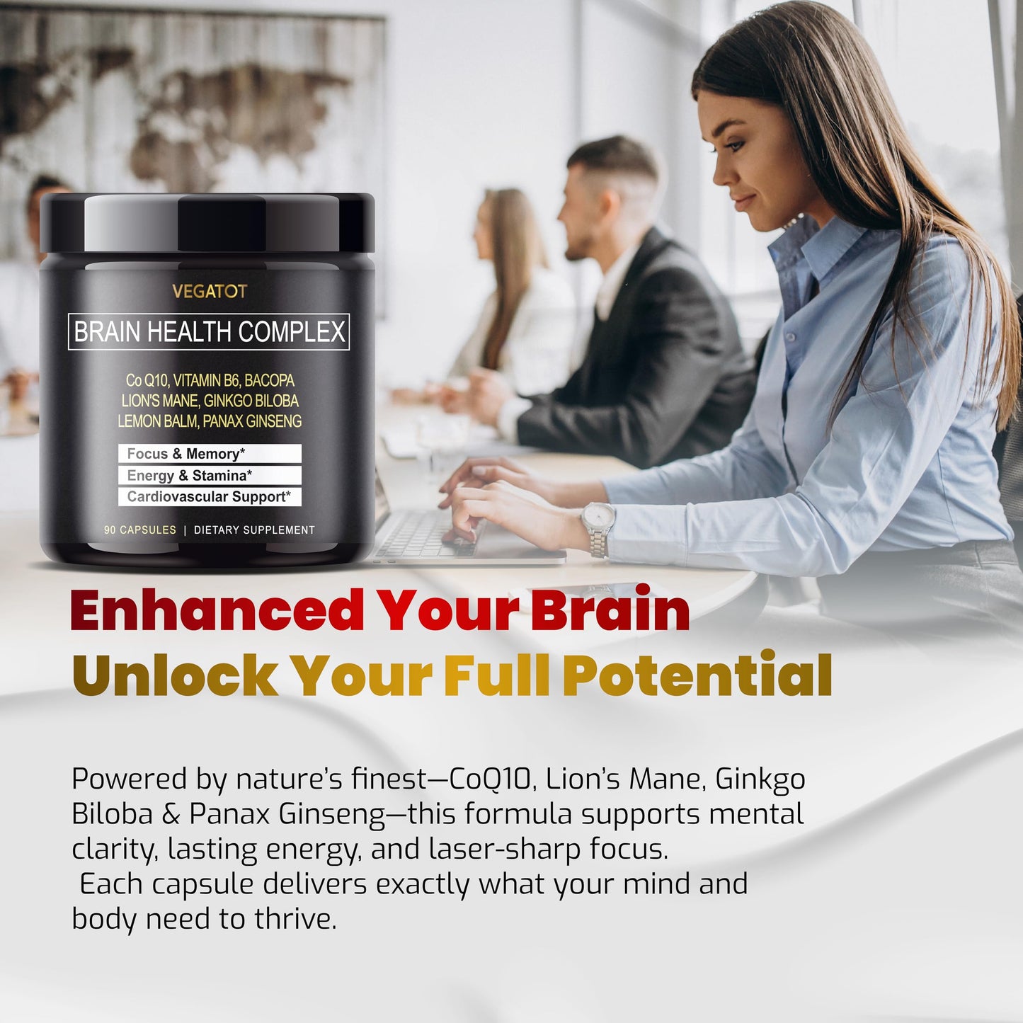 VEGATOT Brain Booster Brain Health Complex Supplement Concentrated with CoQ-10 VIT B6 Lion's Mane Ginkgo Biloba Lemon Balm Ginseng VEGATOT