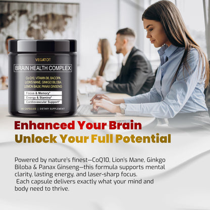 VEGATOT Brain Booster Brain Health Complex Supplement Concentrated with CoQ-10 VIT B6 Lion's Mane Ginkgo Biloba Lemon Balm Ginseng VEGATOT