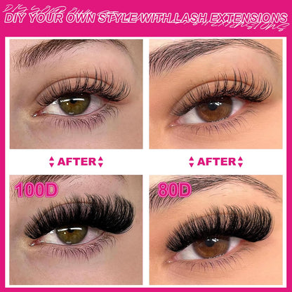 Fowendia Lash Clusters Kit Fluff 80D 100D Individual Lashes D-Curly Cluster Eyelash Extensions 10-18mm DIY Lash Extension Kit Lash Bond and Seal Waterproof, Lash Applicator, Thick False Eyelashes Kit Fowendia