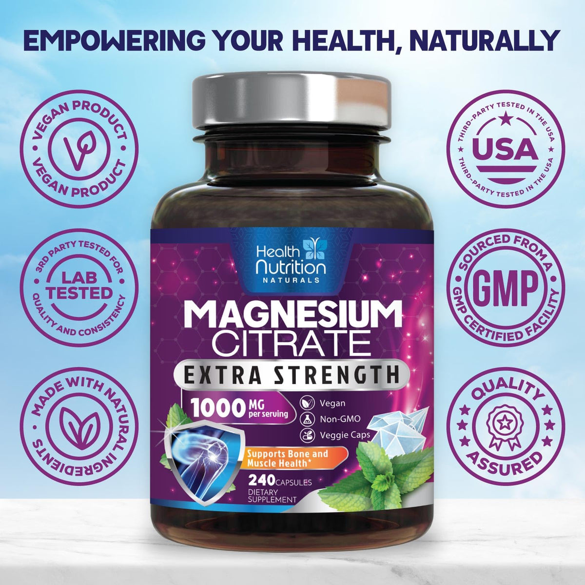 Magnesium Citrate 1000mg Per Serving - Max Absorption Magnesium Powder Capsules for Muscle, Nerve, Bone and Heart Health Support, High Absorption Citrate Complex Health Nutrition Naturals