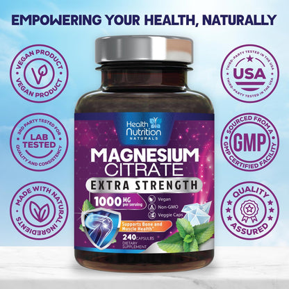 Magnesium Citrate 1000mg Per Serving - Max Absorption Magnesium Powder Capsules for Muscle, Nerve, Bone and Heart Health Support, High Absorption Citrate Complex Health Nutrition Naturals