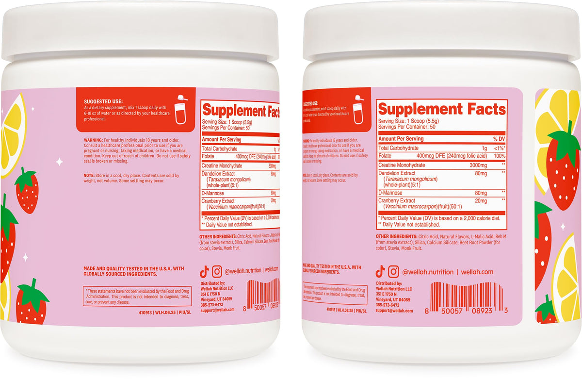 Wellah Creatine for Women - Creatine Monohydrate with Dandelion & Cranberry Extract (50 Servings, Strawberry Lemonade) Wellah
