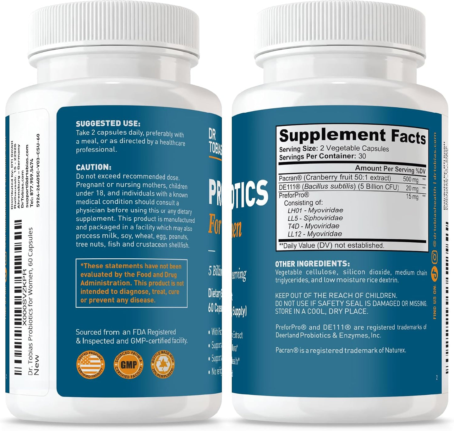 Dr. Tobias Probiotics for Women with Prebiotics & Cranberry Extract for Urinary Tract Health for Women | Supports Digestive & Immune Health - 5 Billion CFUs (60 Capsules, 30 Servings)