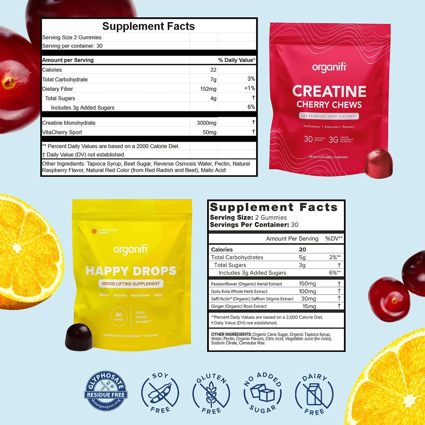 Organifi Strength and Mood Bundle - 30 Servings of Creatine Cherry Chews and Lemon Happy Drops - Delicious Creatine Monohydrate and Calming Saffron Gummies for Men and Women Gsupps Australia