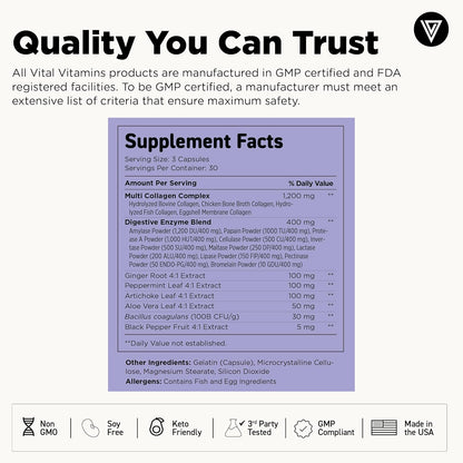 Vital Vitamins Multi Collagen Complex Plus + Gut, Probiotics & Enzymes | 5 Collagen Types I, II, III, V & X with Digestive Enzyme Blend, 3 Billion CFU Probiotic & Gut Botanicals, 90 Capsules Gsupps Australia