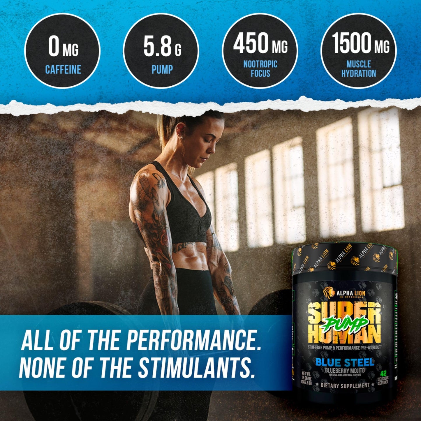 ALPHA LION Superhuman Pump Pre Workout Powder, Nootropic Caffeine & Stim Free Preworkout Supplement, Nitric Oxide Booster, Muscle Gainer, Energy & Focus (42 Servings, Mango Veiniac Flavor)