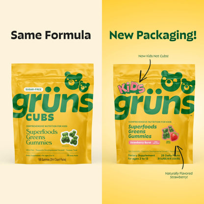 Gruns Multivitamin for Kids, Super Greens Gummies, Superfood Gummy Bears with 20+ Vitamins & Minerals, Spirulina, Chlorella, Alfalfa, Prebiotics Fiber for Digestive Health Grüns