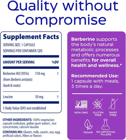 Enzymedica Berberine HCl Supplement 510 mg - Berberine Capsules for Men & Women, Natural Metabolic Health Support, Vegan, Gluten Free, Non-GMO - 120 Targeted Release Caps Gsupps Australia