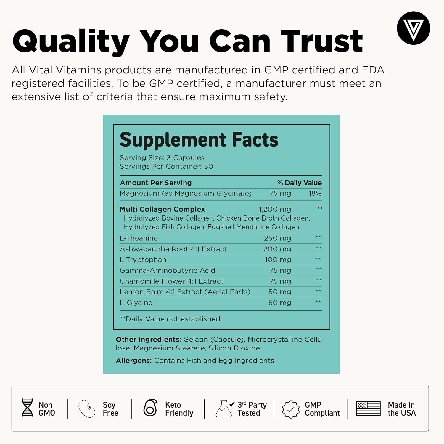 Vital Vitamins Multi Collagen Complex + Calm with Ashwagandha, 90 Capsules | Melatonin-Free Relaxation, 5 Collagen Types I, II, III, V & X with L-Theanine, Ashwagandha, GABA & Magnesium Glycinate Gsupps Australia