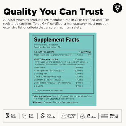 Vital Vitamins Multi Collagen Complex + Calm with Ashwagandha, 90 Capsules | Melatonin-Free Relaxation, 5 Collagen Types I, II, III, V & X with L-Theanine, Ashwagandha, GABA & Magnesium Glycinate Gsupps Australia