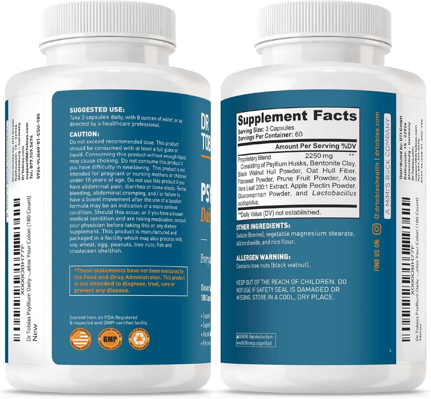 Dr. Tobias Psyllium Daily, Supports Healthy Bowel Movement, Psyllium Husk Capsules with Bentonite Clay, Flaxseed & Natural Ingredients, Daily Fiber Supplement in Support of Colon Health, 180 Capsules