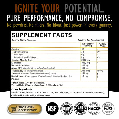 Creatine Monohydrate Gummies for Men & Women - Sugar Free & Vegan Advanced Formula W/L-Taurine + Vitamin B12 - for Muscle Strength, Muscles Builder, Recovery, DLNIA