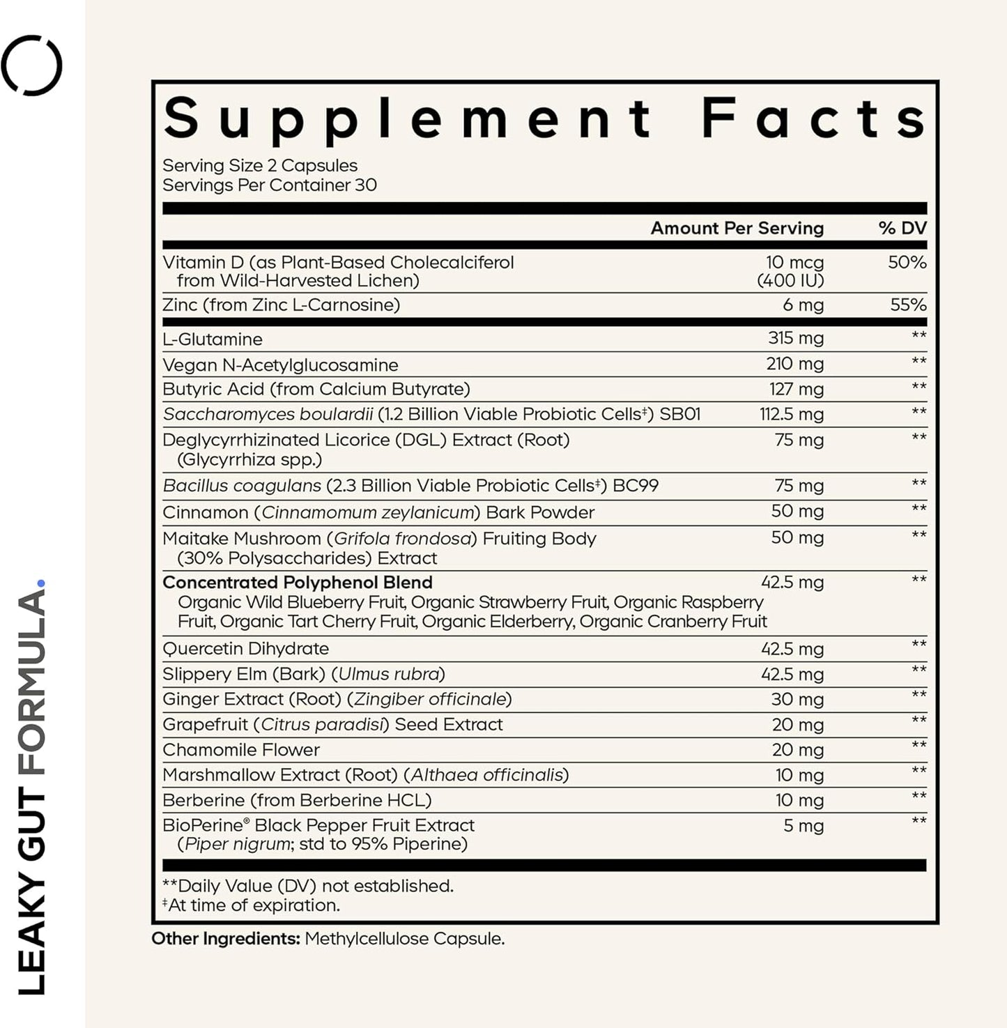 Codeage Leaky Gut Supplement, L-Glutamine, N-Acetylglucosamine, Probiotic, Butyric Acid, Polyphenols, Quercetin, DGL, Marshmallow Root, Berberine, BioPerine, Cinnamon, Vegan, Non-GMO, 60 Capsules