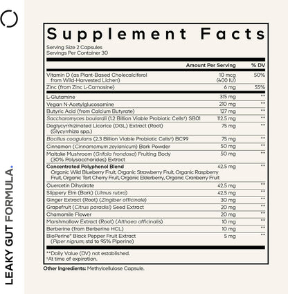 Codeage Leaky Gut Supplement, L-Glutamine, N-Acetylglucosamine, Probiotic, Butyric Acid, Polyphenols, Quercetin, DGL, Marshmallow Root, Berberine, BioPerine, Cinnamon, Vegan, Non-GMO, 60 Capsules