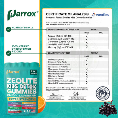 Parrox Zeolite Kids Gummies, 9-in-1 with Zeolite, Omega-3, Magnesium, Elderberry, Vitamin C, Milk Thistle, Vitamin D3, Zinc, B12 – Sugar-Free Parrox