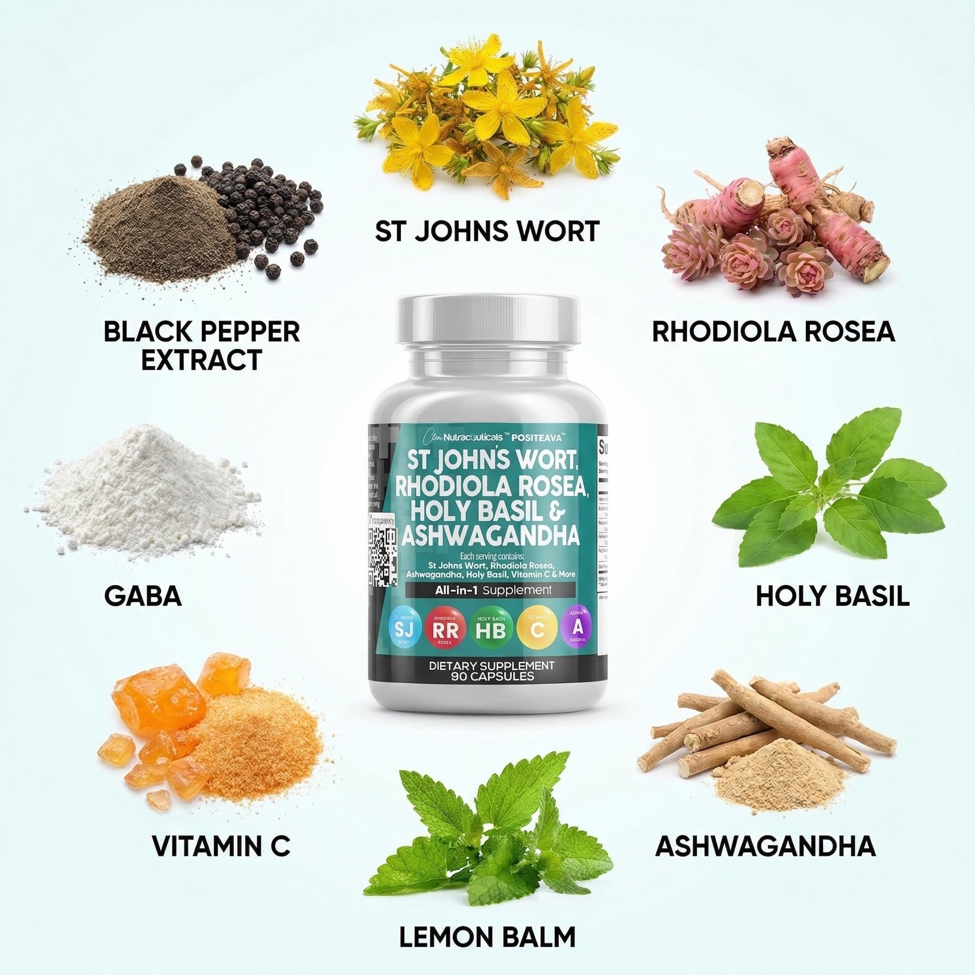 Clean Nutraceuticals St Johns Wort Rhodiola Rosea Holy Basil Ashwagandha - Mood Support for Women and Men with Vitamin C & Black Pepper Extract - 90 Caps Clean Nutraceuticals buy australia supplements