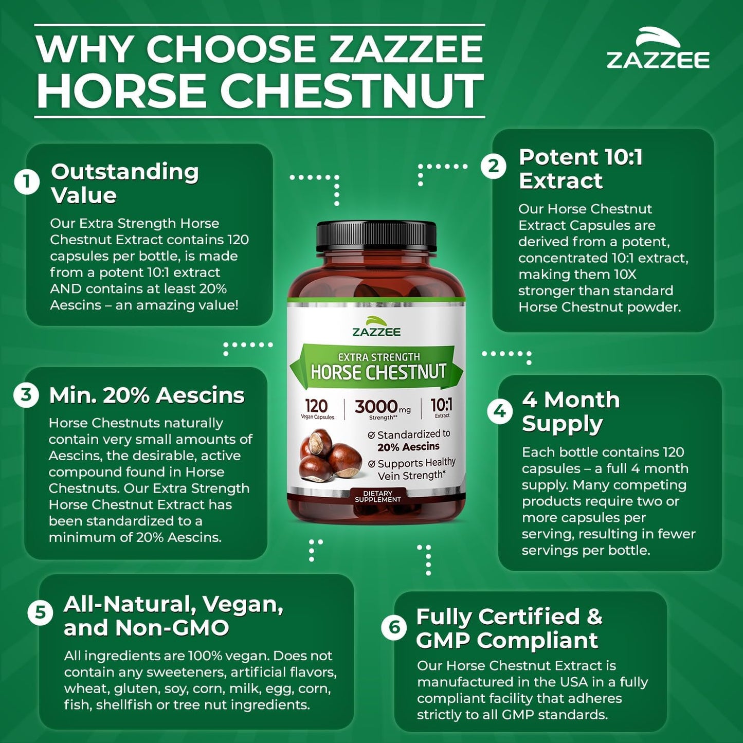 Zazzee Extra Strength Horse Chestnut 10:1 Extract, 20% Aescins, Vegan | 120 Capsules, 4 Month Supply, Aesculus Hippocastanum, Healthy Circulation & Blood Flow Support, Non-GMO, Made in the USA Gsupps Australia