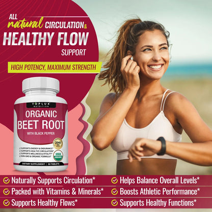 Toplux Organic Beet Root Powder Tablets - 2040mg Natural Nitric Oxide Beets to Support, Energy, Black Pepper Better Absorption, Non-GMO, for Men Women, 90 Tablets Toplux