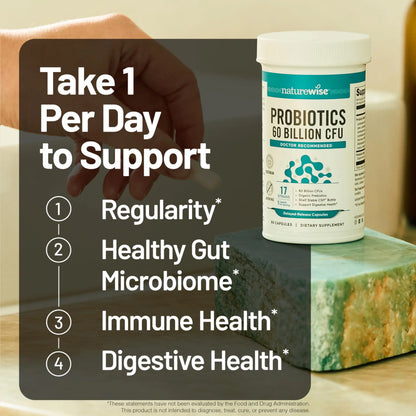 NatureWise Probiotics 60 Billion CFU - 17 Strains + Organic Prebiotics - Immune, Digestive & Gut Health Support for Women & Men - Vegetarian, Gluten-Free, NatureWise
