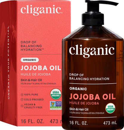 Cliganic Organic Jojoba Oil, 100% Cold Pressed for Face, Hair & Skin 16oz Cliganic