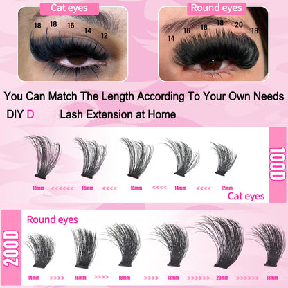 Lash Clusters 100D+200D Mega Thick Lashes Clusters 12-22mm Wispy Individual Thick Volume Lashes Cluster Eyelash Extensions 280Pcs DIY Lash Extension at Home, by Hushlibaby(Plant Fiber) Hushlibaby