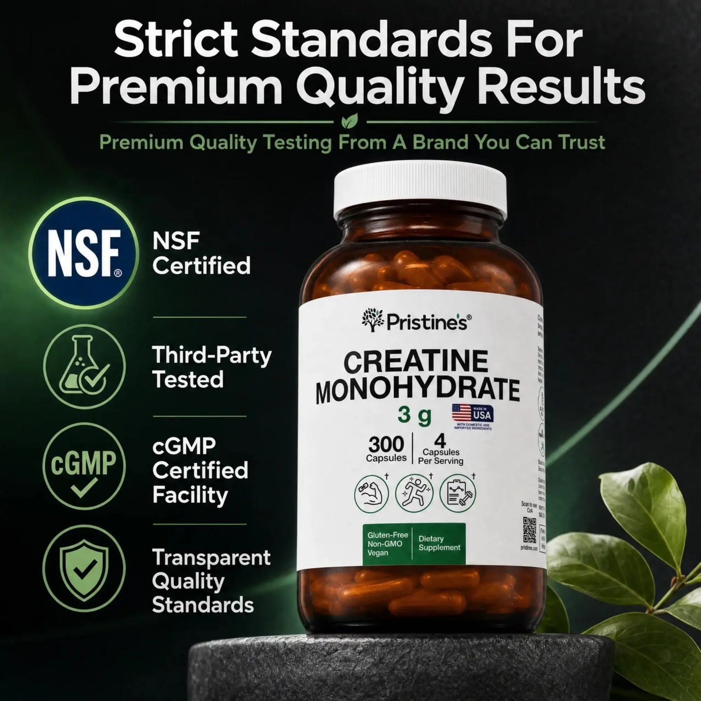 PRISTINE'S Creatine Monohydrate Capsules for Women & Men - NSF Certified 75 Day Supply 3G Creatine Pills for Women - Cognitive & Athletic Performance Support PRISTINE'S