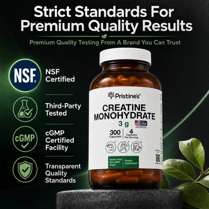 PRISTINE'S Creatine Monohydrate Capsules for Women & Men - NSF Certified 75 Day Supply 3G Creatine Pills for Women - Cognitive & Athletic Performance Support PRISTINE'S