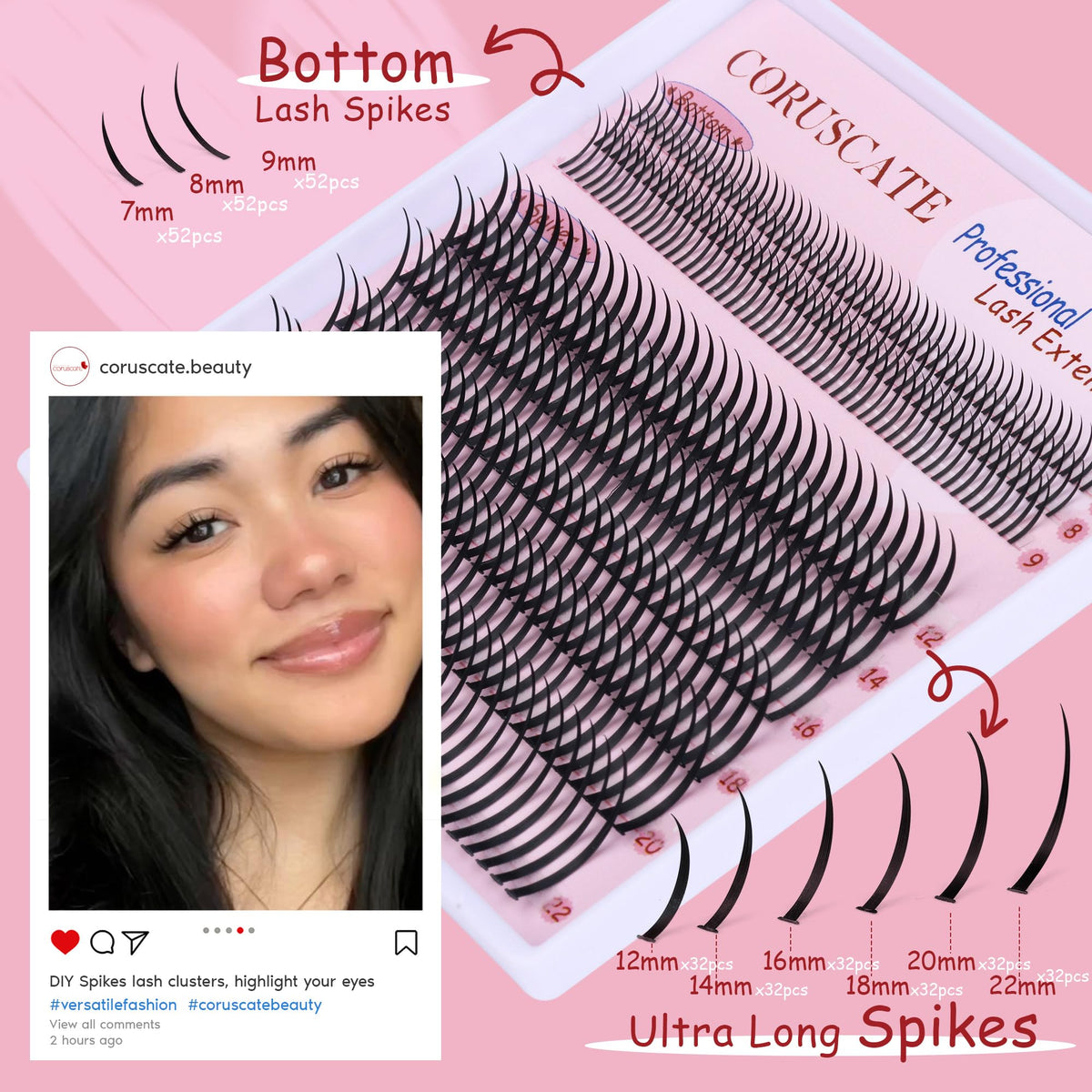 CORUSCATE Lash Clusters Spiky Ultra Long 12-22mm Spikes 7-9mm Bottom Lash CORUSCATE