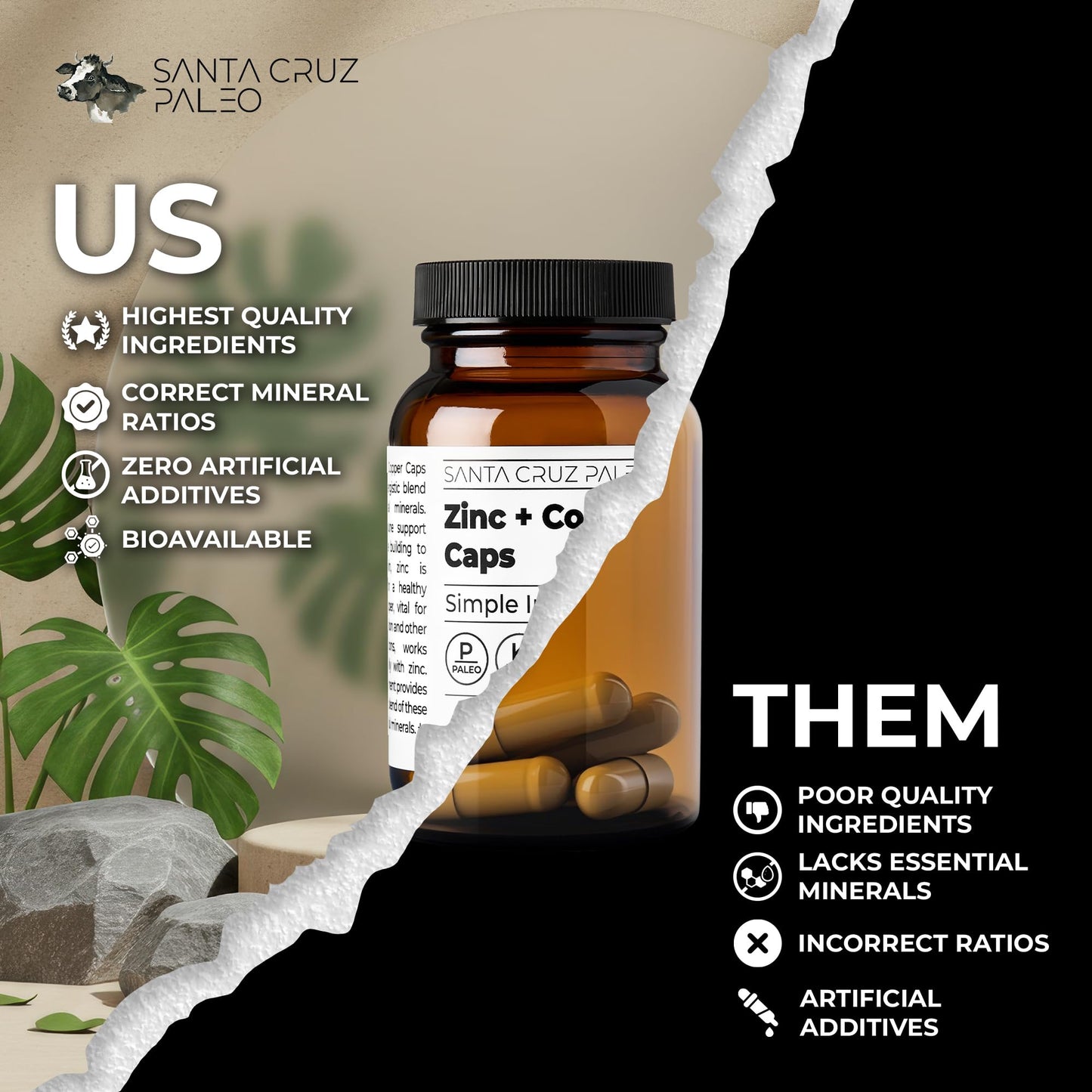Santa Cruz Paleo, Zinc & Copper Mineral Supplement, High Absorption Formula, Zinc Supplement for Skin & Hair, L Methionine, Copper Gluconate, Trace Minerals Santa Cruz Paleo