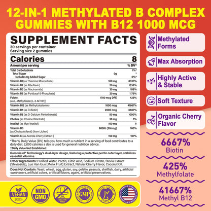 Methylated Vitamin B Complex Gummies for Women & Men - 12-in-1 Multivitamin with 1000 mcg Methyl B12, 1700 mcg Methylfolate, 2000 mcg Biotin, Inositol for Energy LILICARE