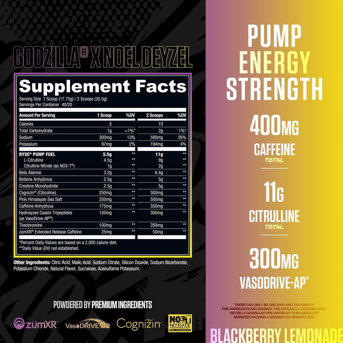 RYSE Godzilla X Noel Deyzel Pre Workout Powder - Monsterberry Lime - 400mg Caffeine, High Stim Pre-Workout for Men & Women with Citrulline & Beta Alanine - Energy, Pump & Focus - 20/40 Servings