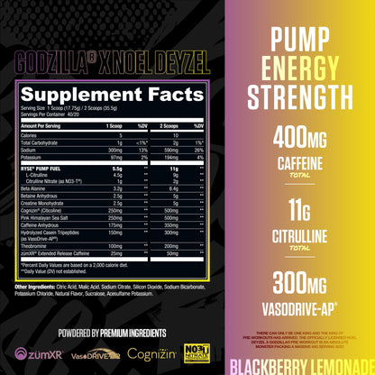 RYSE Godzilla X Noel Deyzel Pre Workout Powder - Monsterberry Lime - 400mg Caffeine, High Stim Pre-Workout for Men & Women with Citrulline & Beta Alanine - Energy, Pump & Focus - 20/40 Servings